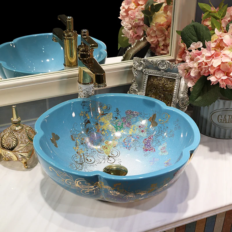 

China Artistic Handmade Ceramic wash basin Lavobo flower shape Countertop bathroom sinks bowl porcelain wash basin