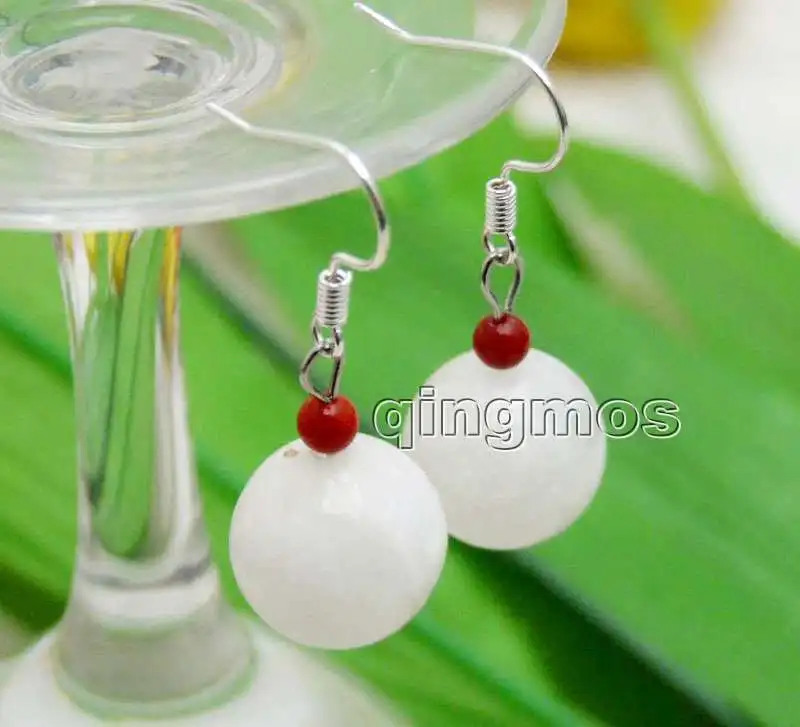 Big 14mm Natural White Round High Quality Moonstone and 3-4mm Red Coral earring-ear691 wholesale/retail Free shipping