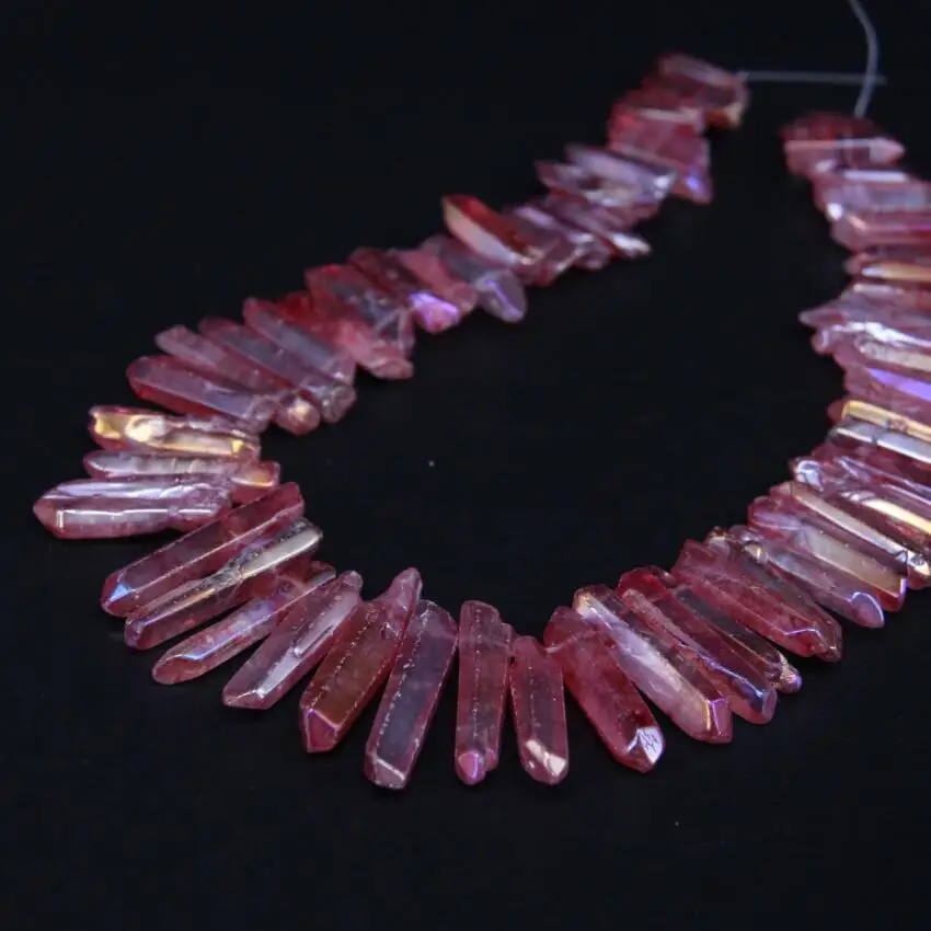 

15.5"strand Polished Red Titanium Crystal Quartz Top Drilled Point Loose Beads,Raw Crystal Stick Pendants For DIY Jewelry Making