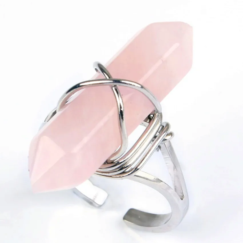 Wire Wrap Stone Ring for Women Men Hexagon Column Resizable Amethysts Quartz Crystal Stone Finger Rings Party Wedding Jewelry