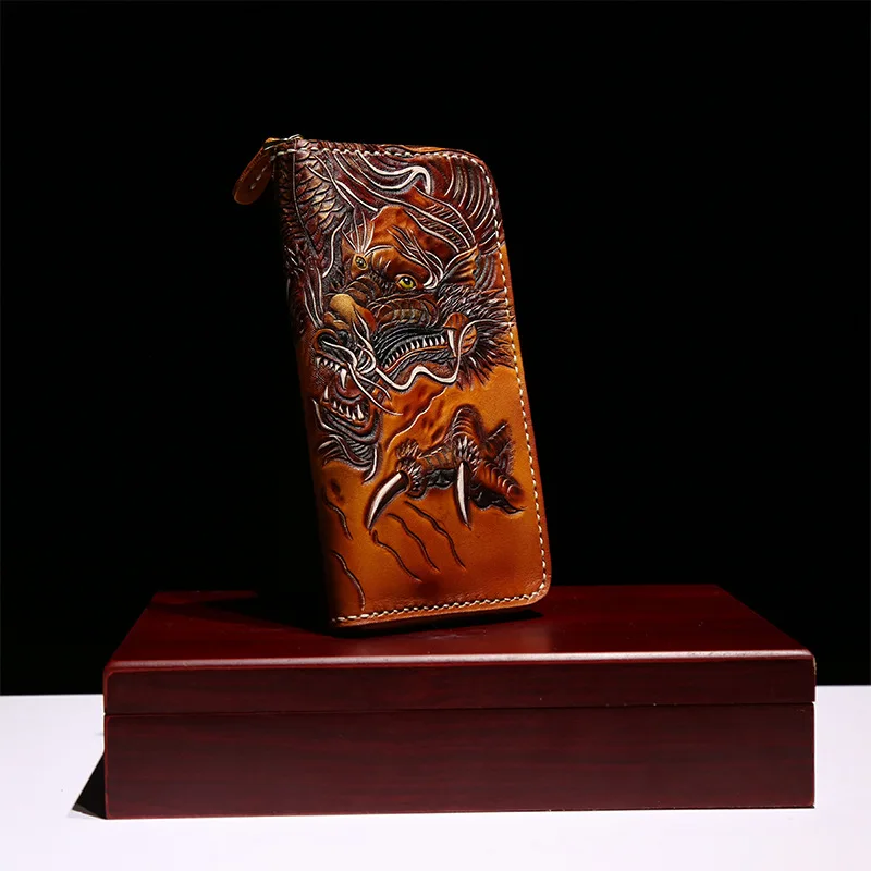 Handmade Wallets Bag Carving Chinese Dragon Brave troops Purses Men Long Clutch Vegetable Tanned Leather Free Design Gifts