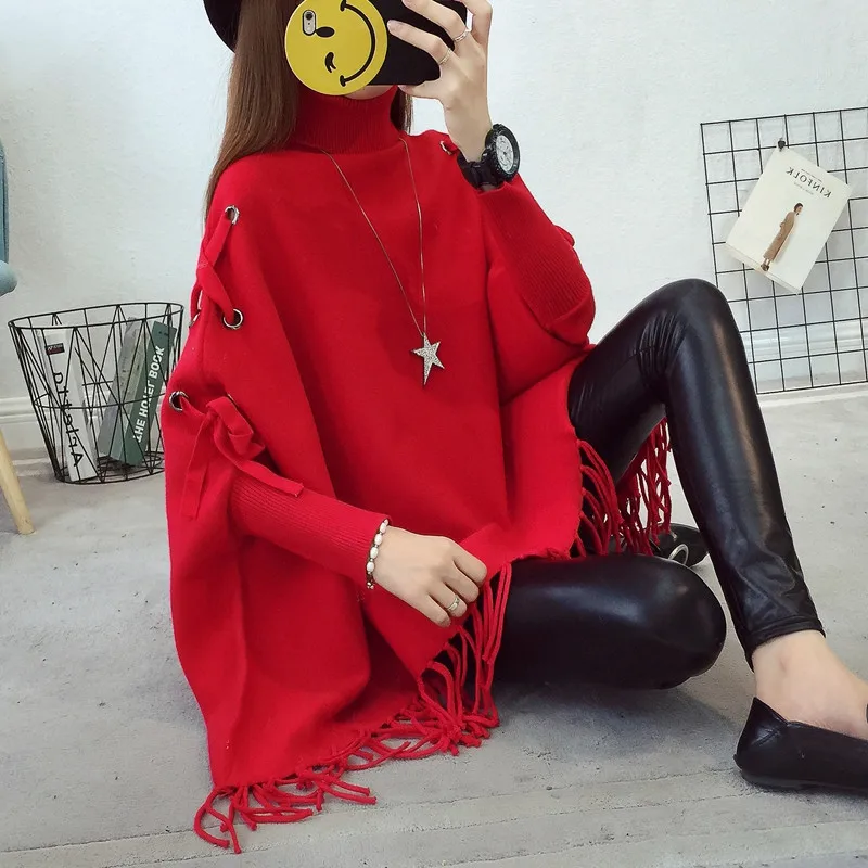 Winter Sweater Pullovers Women Large Size Loose Tassel Cloak Kintted Tops Spring Bat Sleeved Turtleneck Knitted Sweater 972