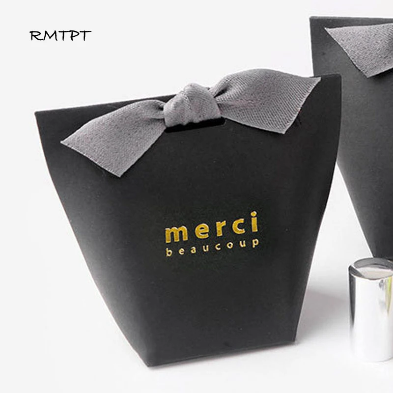 RMTPT 50pcs/lot Upscale Black White Kraft Papel "Merci" Gift Box  Wedding Favors Candy Bag Package Birthday Party Favor Boxes - Image 3