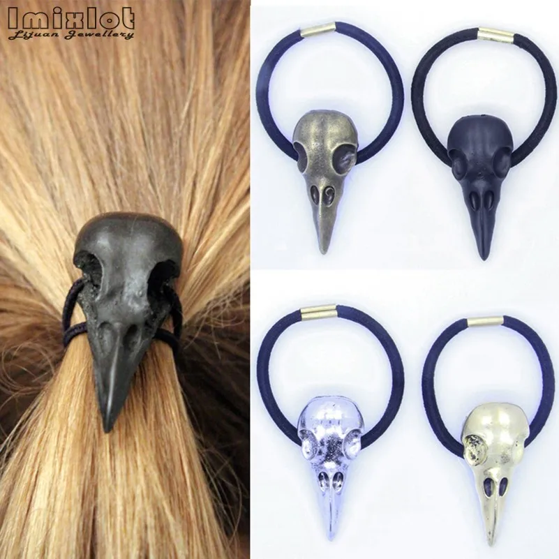 Retro Punk Gothic Metal Raven Skull Hair Tie Fashion Birds Crow Skull Elastic Hair Bands Rubber Ropes Women Hair Accessories