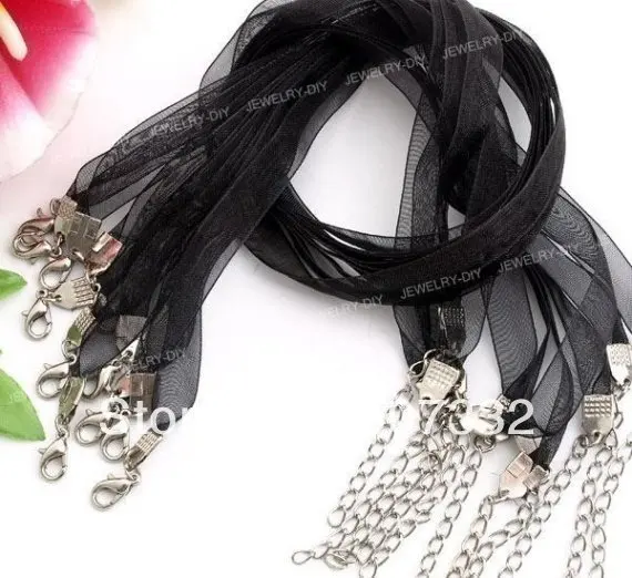 Necklaces Bracelets Rings 100pcs Black Voile Organza Cord Strap String Clasp Necklace choker 425-460mm CC002