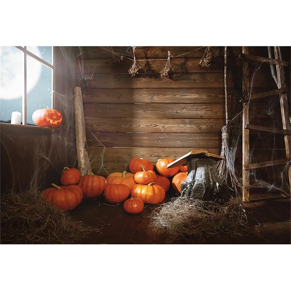 

Moonlight Through Window Halloween Kids Backdrops Printed Pumpkin Lantern Storage Room Baby Kids Children Photo Shoot Background