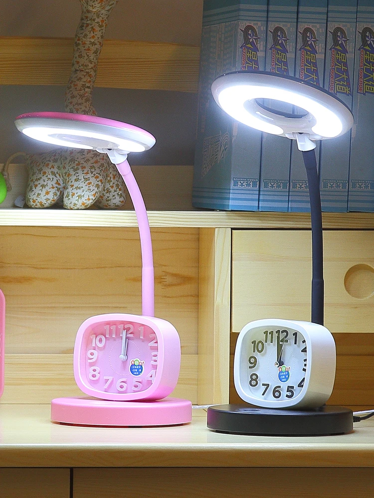 Cartoon alarm clock led desk lamp cute lovely eye protection children study reading lamp adjustable dimming led table lamp for g