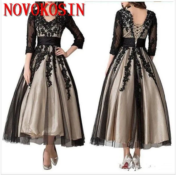 2019 Women\'s Long Sleeves Champagne with Black Lace Tulle Plus Size A-line Tea Length Formal Mother Of The Bride Evening Dresses