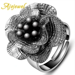 Ajojewel Gun Black Large Flower Women Ring Adjustable Finger Jewelry Wholesale Vintage Ladies Rings Retro Gift