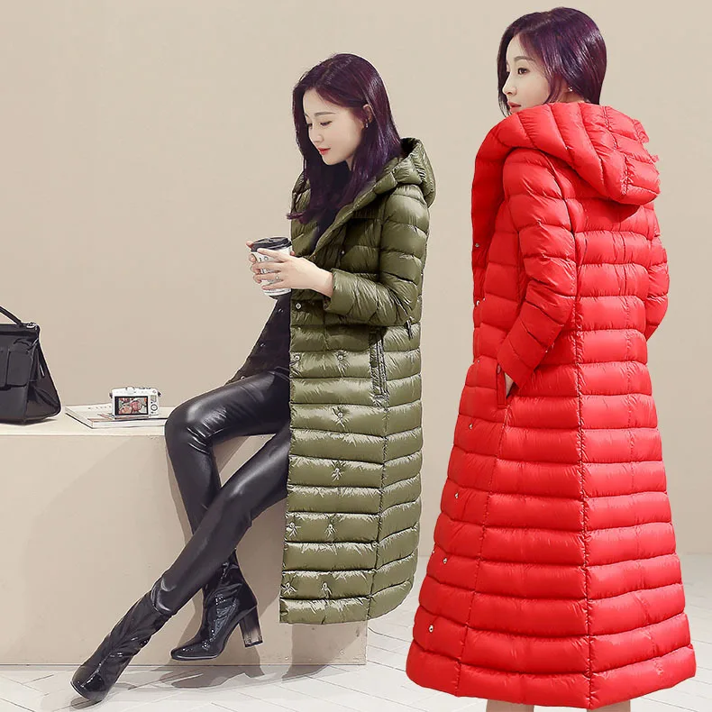 ผู้หญิง Ultra Light Down แจ็คเก็ต Slim Hooded เข่าความยาวสีขาวเป็ดเสื้อผู้หญิงลงเบาะปุ่ม Parkas lady JK-568