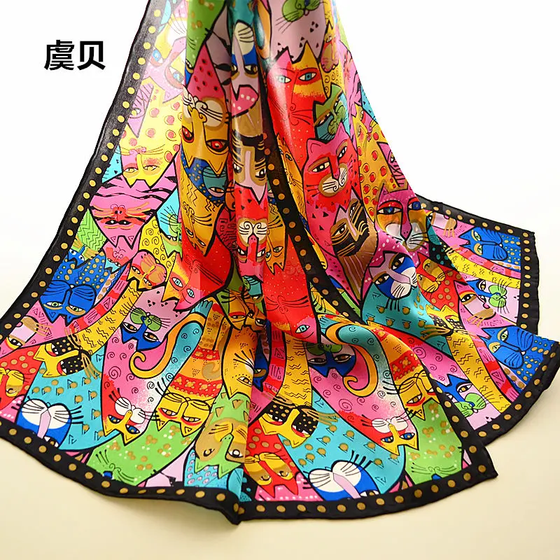 Colorful cats long scarf women sunscreen soft thin printed natural silk scarves wrap shawl foulard femme bandana gift for ladies