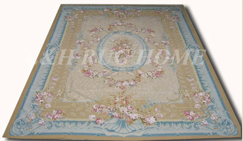 Free shipping 12'x18' European aubusson carpets hand weave rug  for home decoration with big Blue and Beige medallian