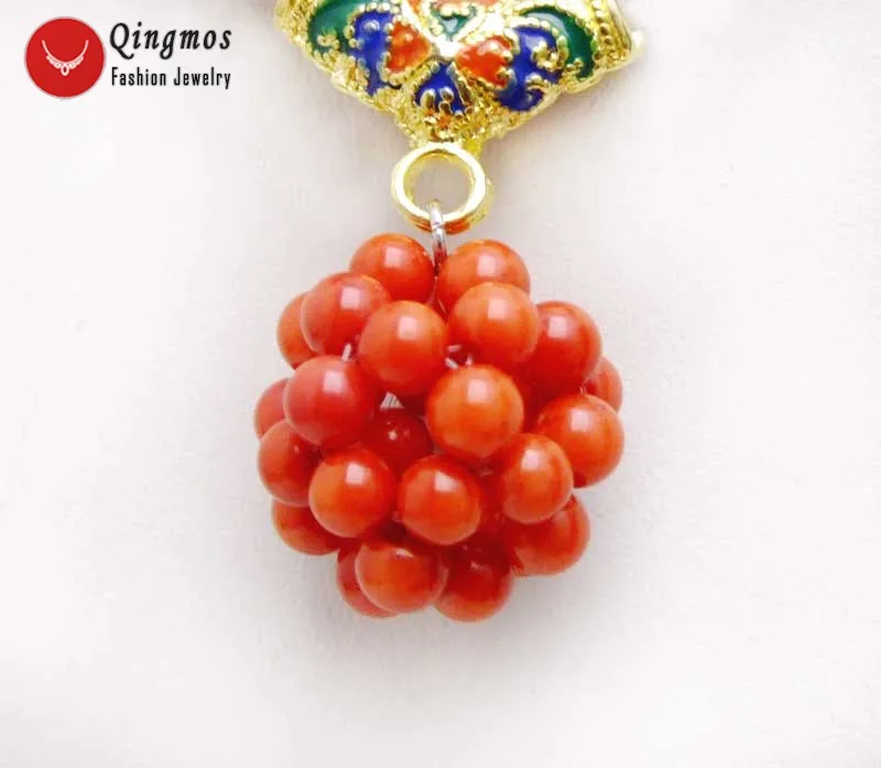 Qingmos Natural Coral Necklace for Women with 5-6mm Red Round Coral & Handwork Weaving Ball Pendant Necklace Jewelry Nec6212