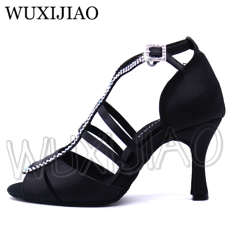 WUXIJIAO New white Satin Latin Dance Shoes Women Salsa Rhinestone Shoes Dance For Woman Ballroom Dancing Shoes heel 5cm-10cm