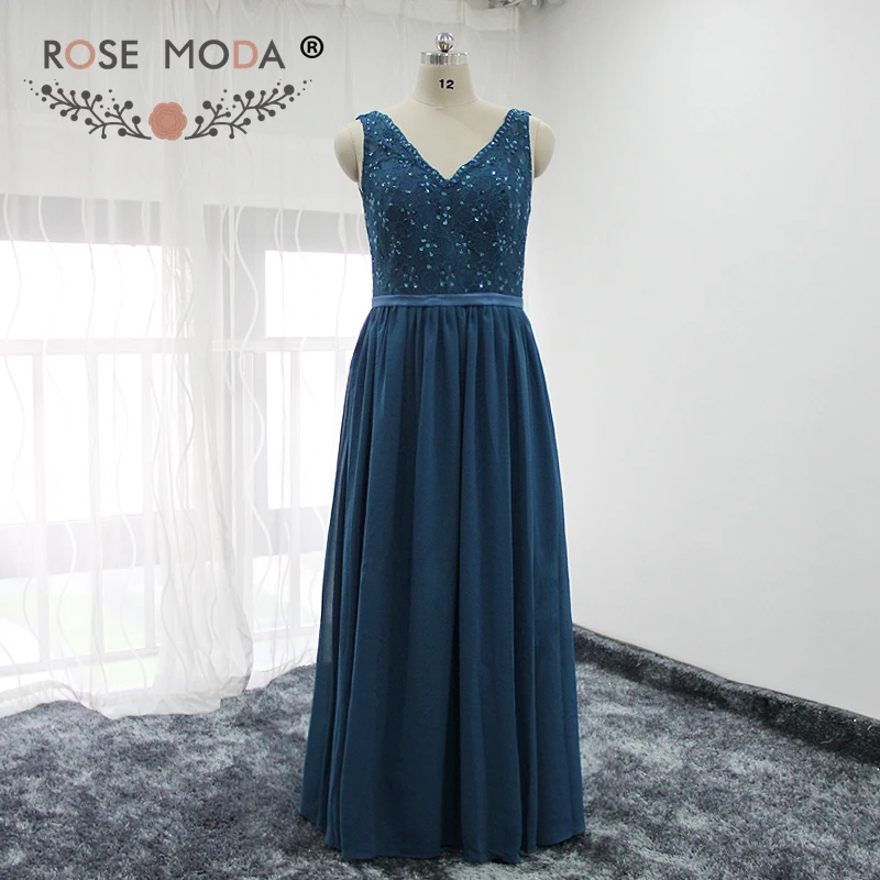 Rose Moda V Neck Teal Floor Length Mother of the Bride Dress Wedding Guest Real Photos