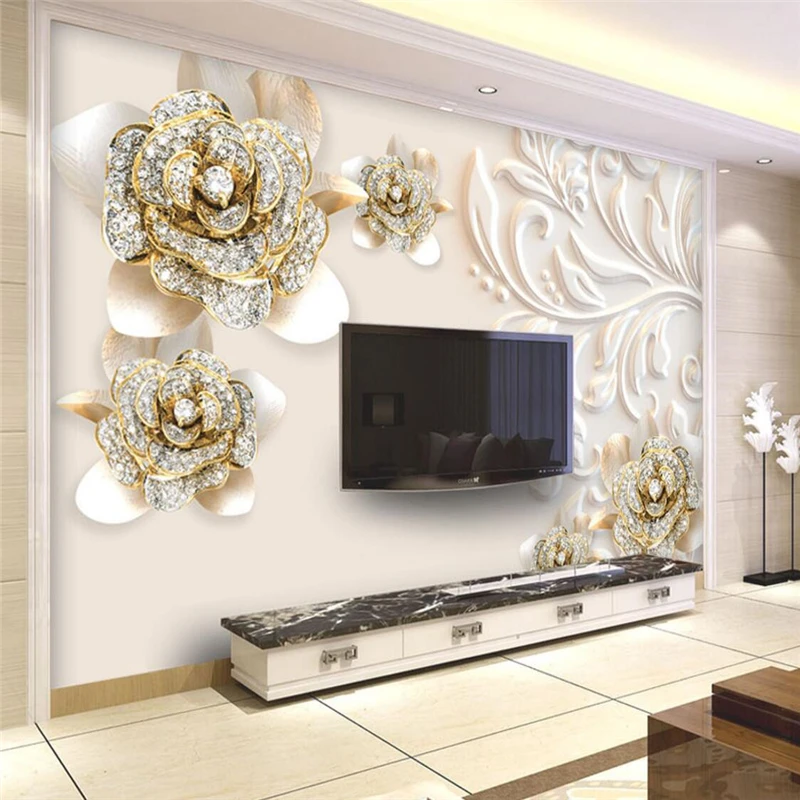 beibehang Wallpaper Mural Wall Sticker European Luxury Diamond Relief Flower Background Wall papel de parede