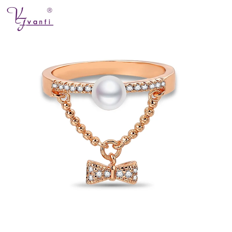 

Kfvanfi New Design Korean Rose Gold Color Serie Bowknot Pendant Simulation Pearl Cubic Zirconia Ring Gifts For Women Girls