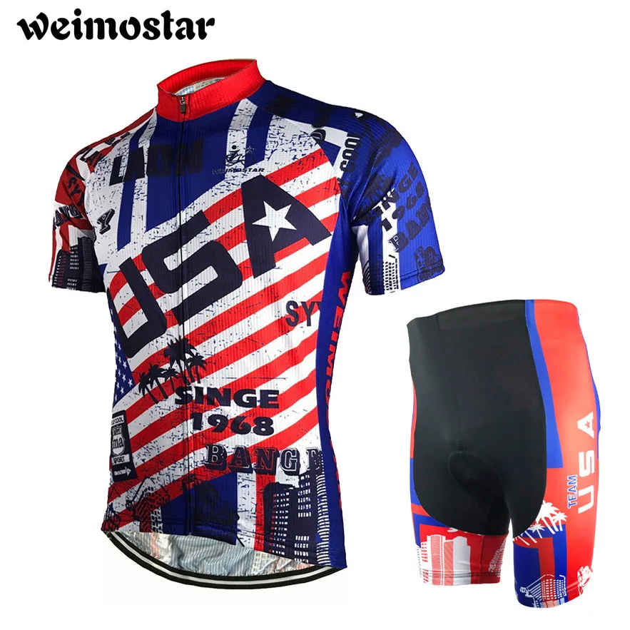 WEIMOSTAR Short Sleeve Men USA Cycling Jersey Bike Clothing Bib Shorts Set S-5XL