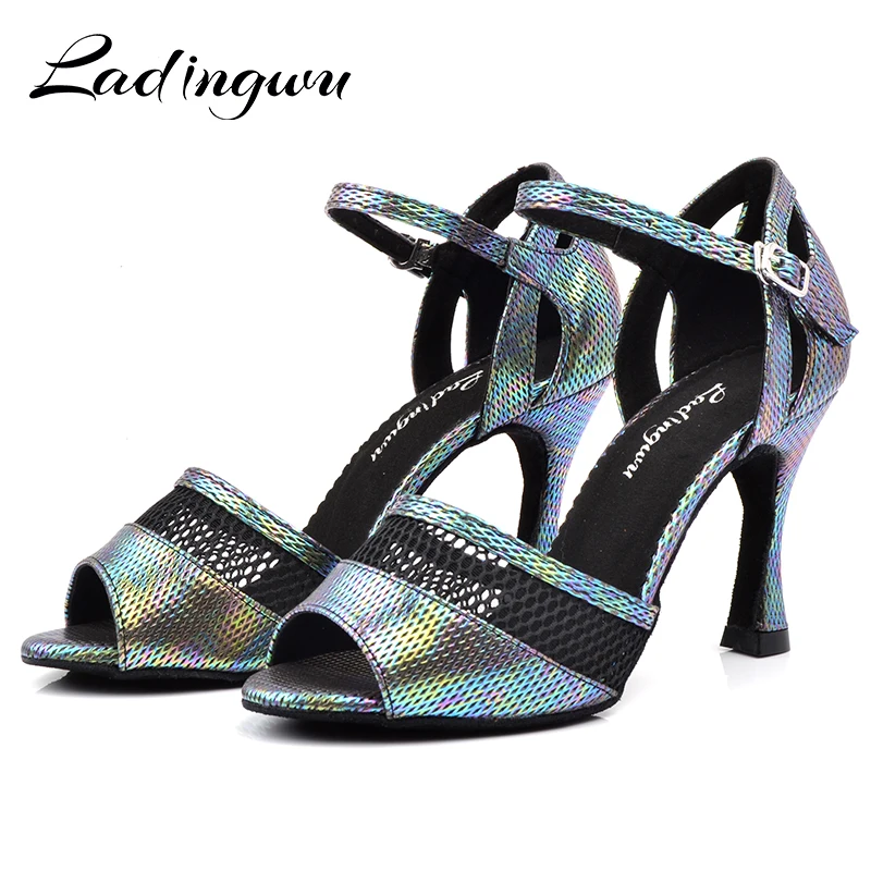 Ladingwu-zapatos de baile latino para mujer, sandalias de Salsa con tacón cubano de 9cm, decoloración de PU gris metálico y malla