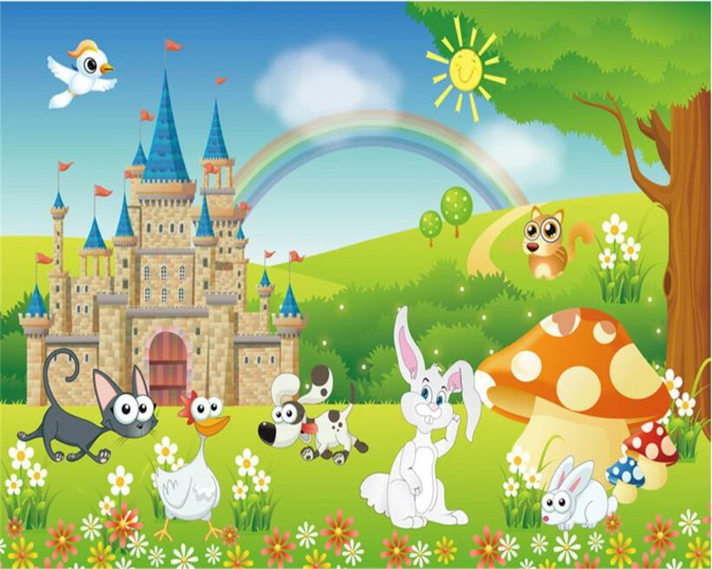 beibehang Custom Kids Room Background 3D Wallpaper Cartoon Rainbow Mushroom White Rabbit Photo 3d Wallpaper mural papier peint