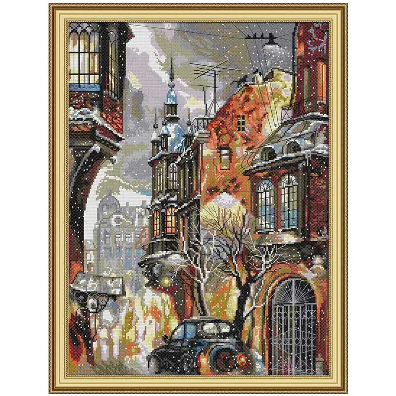 Snow in the City Patterns Counted Cross Stitch Set DIY 11CT 14CT 16CT Stamped DMC Cross-stitch Kit Embroidery Needlework Crafts