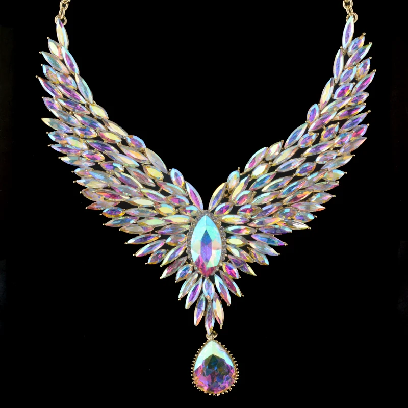 Bridal Wedding Jewelry Aurora Color Rhinestone Crystal AB For Women\'s Party Necklace Earrings Set Peacock Wig Dropwater