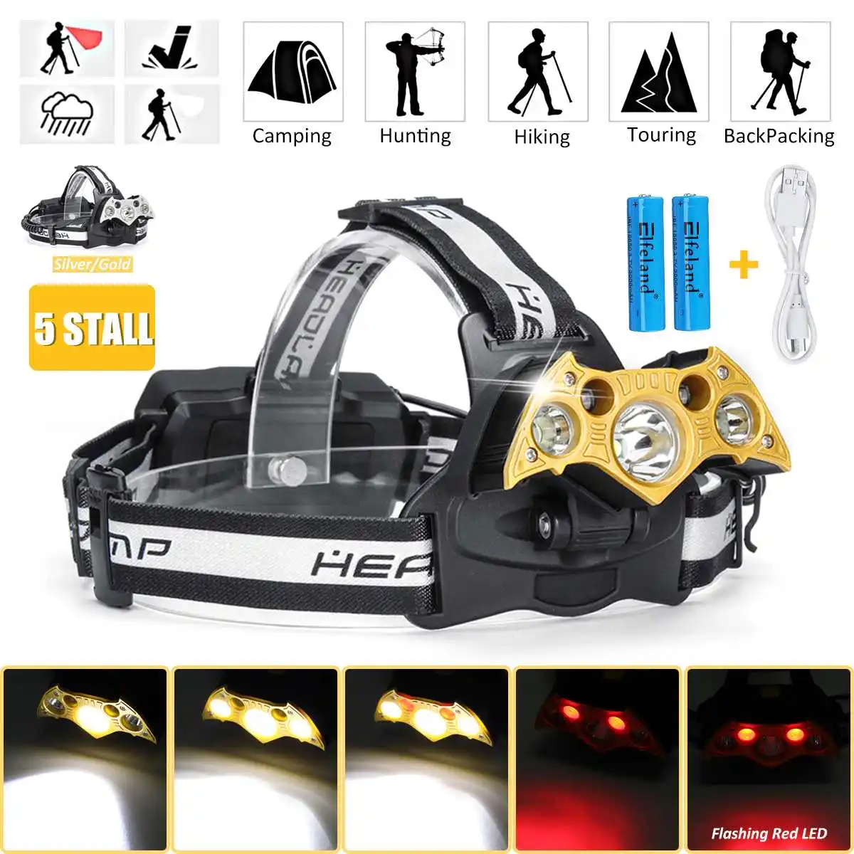 

Smuxi headlamp 5*t6 headlight 4 modes 120000lm LED head light waterproof flashlight zoomable use 18650 for hunting cycling