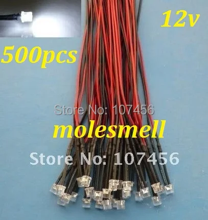 

Free shipping 500pcs 5mm Flat Top White LED Lamp Light Set Pre-Wired 5mm 12V DC Wired 5mm 12v big/wide angle white led