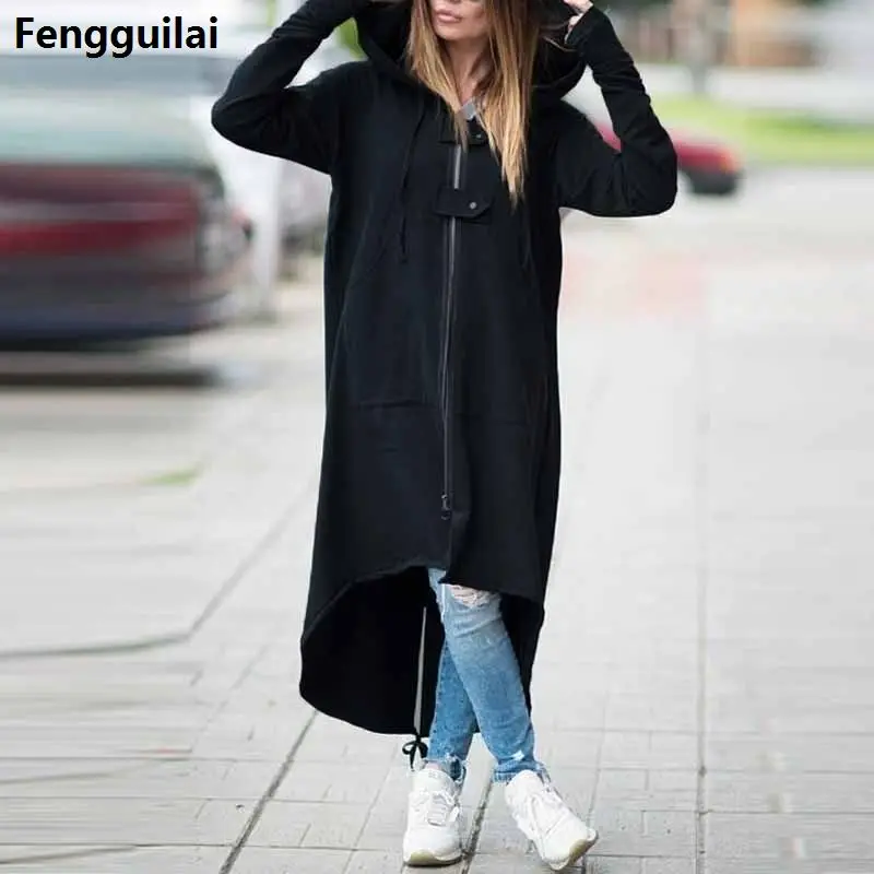 Women Hooded Long Sleeve Zipper Drawstring Casual Irregular Coat Casual Solid Long Jacket Sweatshirt