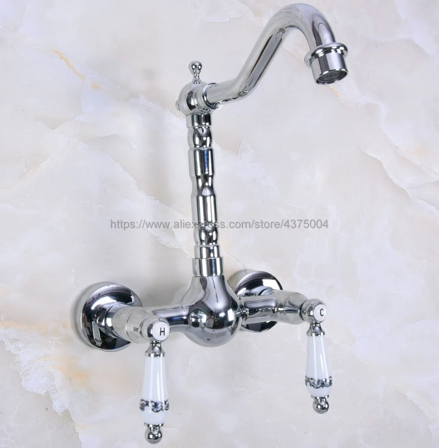 Polished Chrome Wall Mounted Kitchen Bathroom Sink Faucet Dual Handle Swivel Spout Hot Cold Water Tap Nnf957