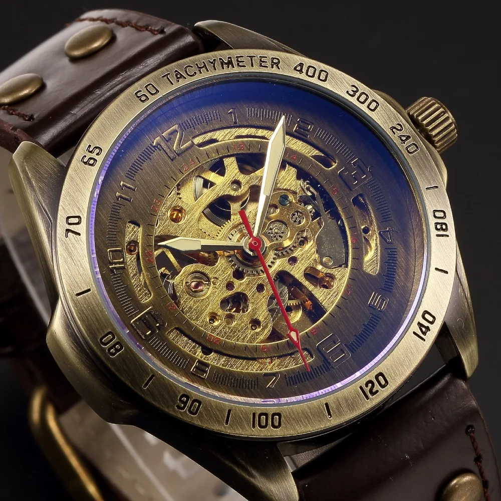 SHENHUA Gasline Series Clock Men Retro Bronze Skeleton Steampunk Mechanical Male Wristwatch Relogio Masculino Automatic Watch