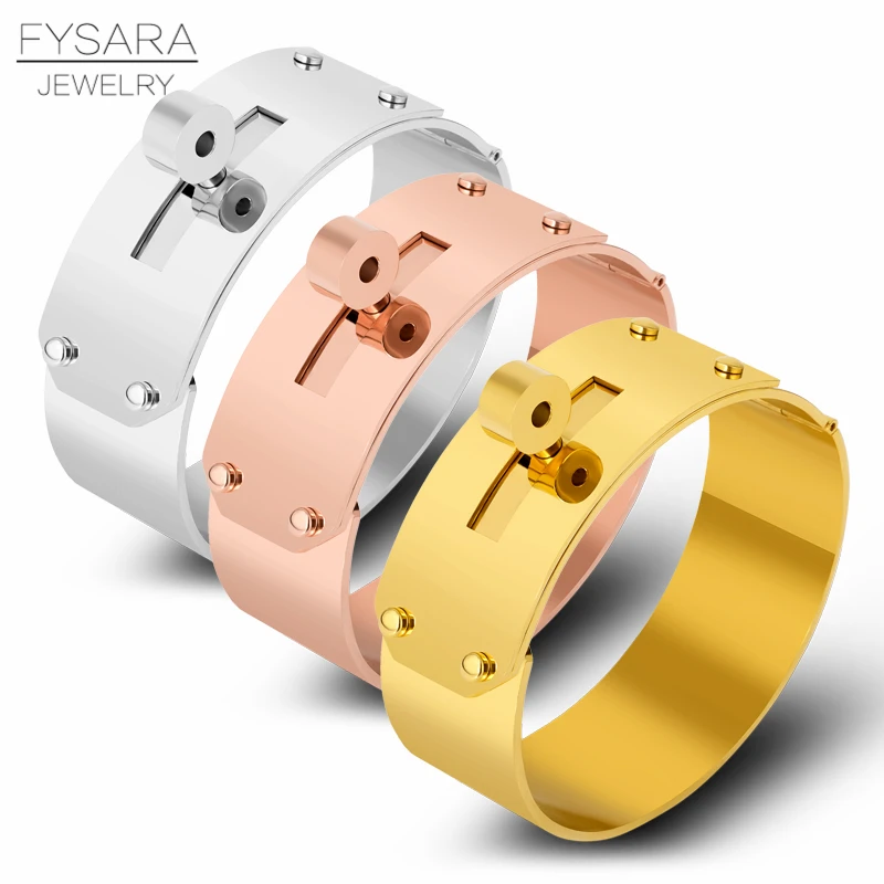 FYSARA 21mm/12mm Big Wide Button Bracelet & Bangle For Men Women Brand Rock Jewelry Pulseiras Stainless Steel Manchette