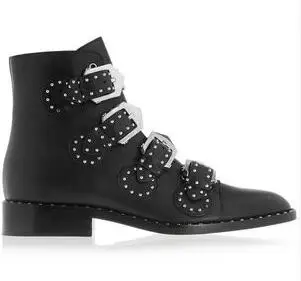 2017 Black Studded Buckle Boots Silver-tone studded women boots hardware Four straps Ankle-high buffed calfskin boots in black