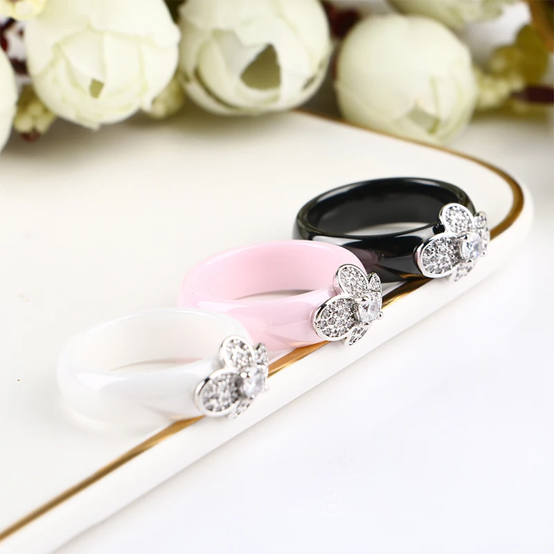 2019 New Bee Ring With Bling Crystal CZ Smooth Pink Black White Ceramic Rings Elegant Jewelry Wedding Finger Ring for Women Gift