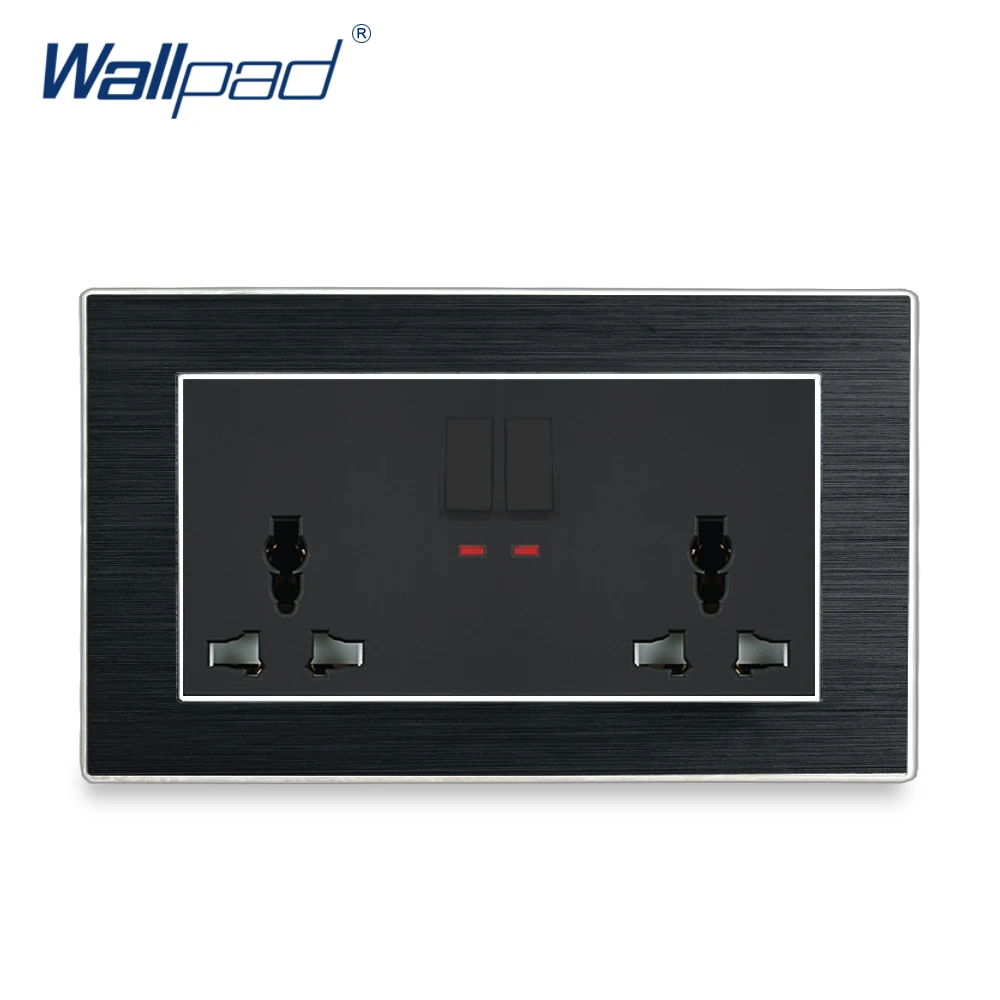 Double 6 Pin Universal Socket With Switches Wallpad Wall Light Switch Satin Metal Panel 146 Switched Wall Power Outlet with Neon