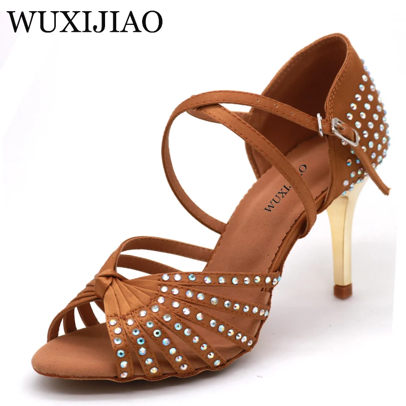 WUXIJIAO-Chaussures de danse latine avec biscuits pour filles, sandales supérieures en satin, talon doré, salle de Rh, femmes, 85mm