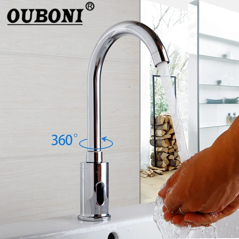 OUBONI New Auto-Sensor Faucet Modern Kitchen Bathroom Automatic Hands Touch Free Sensor Basin Chrome Brass Sink Mixer Tap Faucet