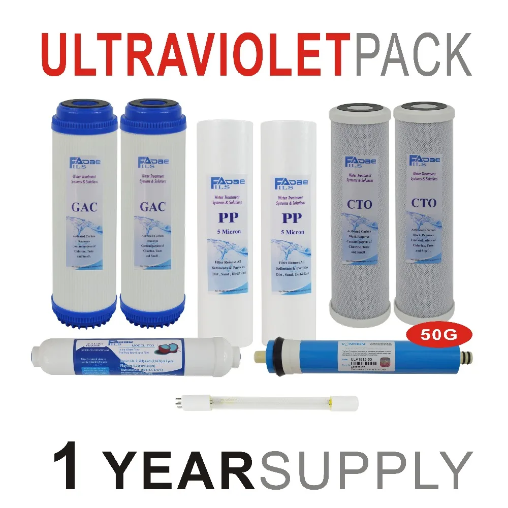 1 Year Supply Ultraviolet Reverse Osmosis System Replacement Filters Set - 9 Filters with UV and 50 GPD RO Membrane - Pack Of 9