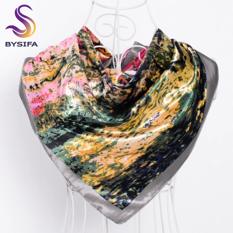 [BYSIFA] Brand Ladies Scarves Wraps 90*90cm Apparel Accessories Satin Silk Scarf Shawl Popular Muslim Headscarves Black Grey