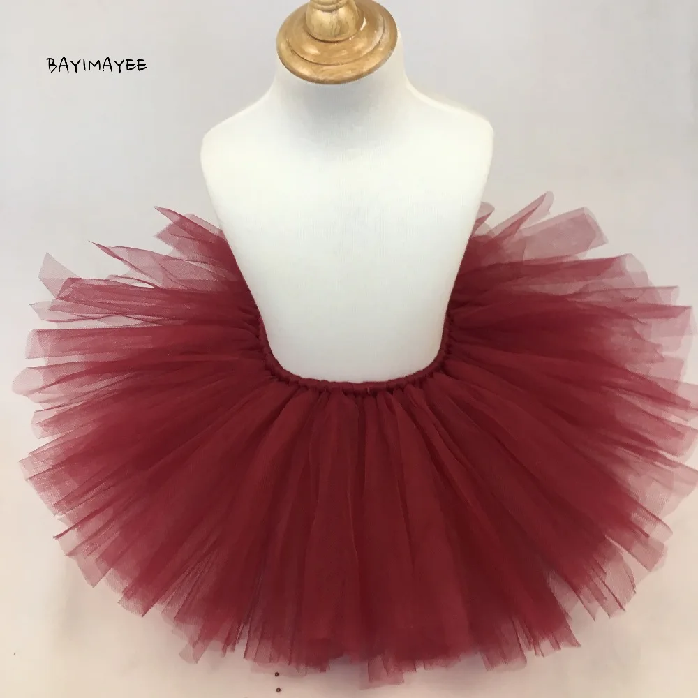 Hot Baby Girls Burgundy Tutu Skirt Kids Ballet Tulle Dance Pettiskirts Underskirts with Ribbon Bow Children Party Costume Skirts