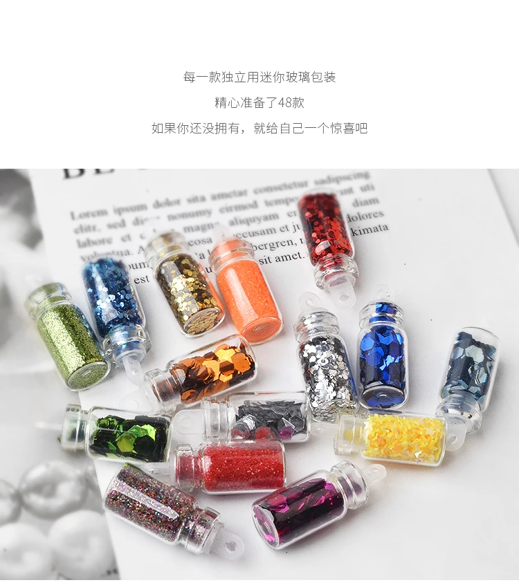 48 bottiglie Mix Size colori immersione polvere unghie Set olografico Glitter fiocco paillettes geometriche accessori per Nail Art Set Glitter