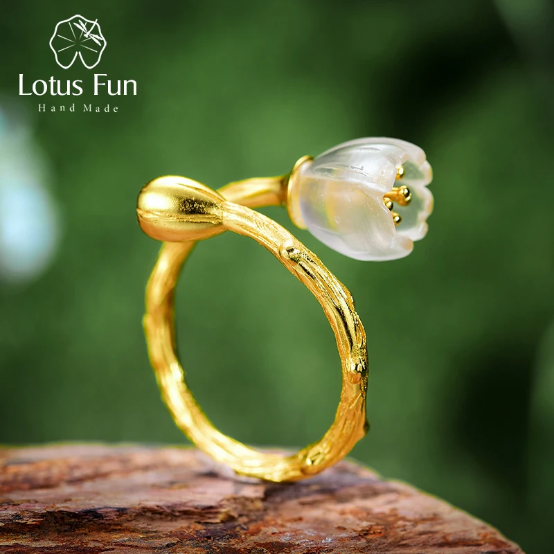 Lotus Fun Real 925 Sterling Silver Natural Crystal Handmade Designer Fine Jewelry Lily of the Valley Flower Rings for Women Gift