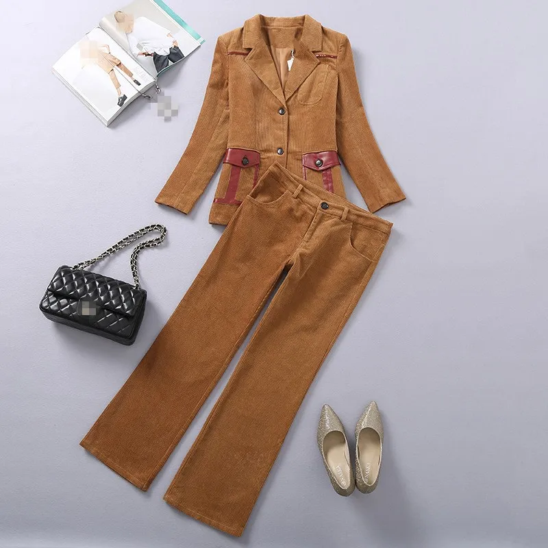 Star Style Western Sets Female Winter Leisure Temperament Corduroy Suit Jacket Two-Piece Sets Turn Down Collar Top Quality Brand