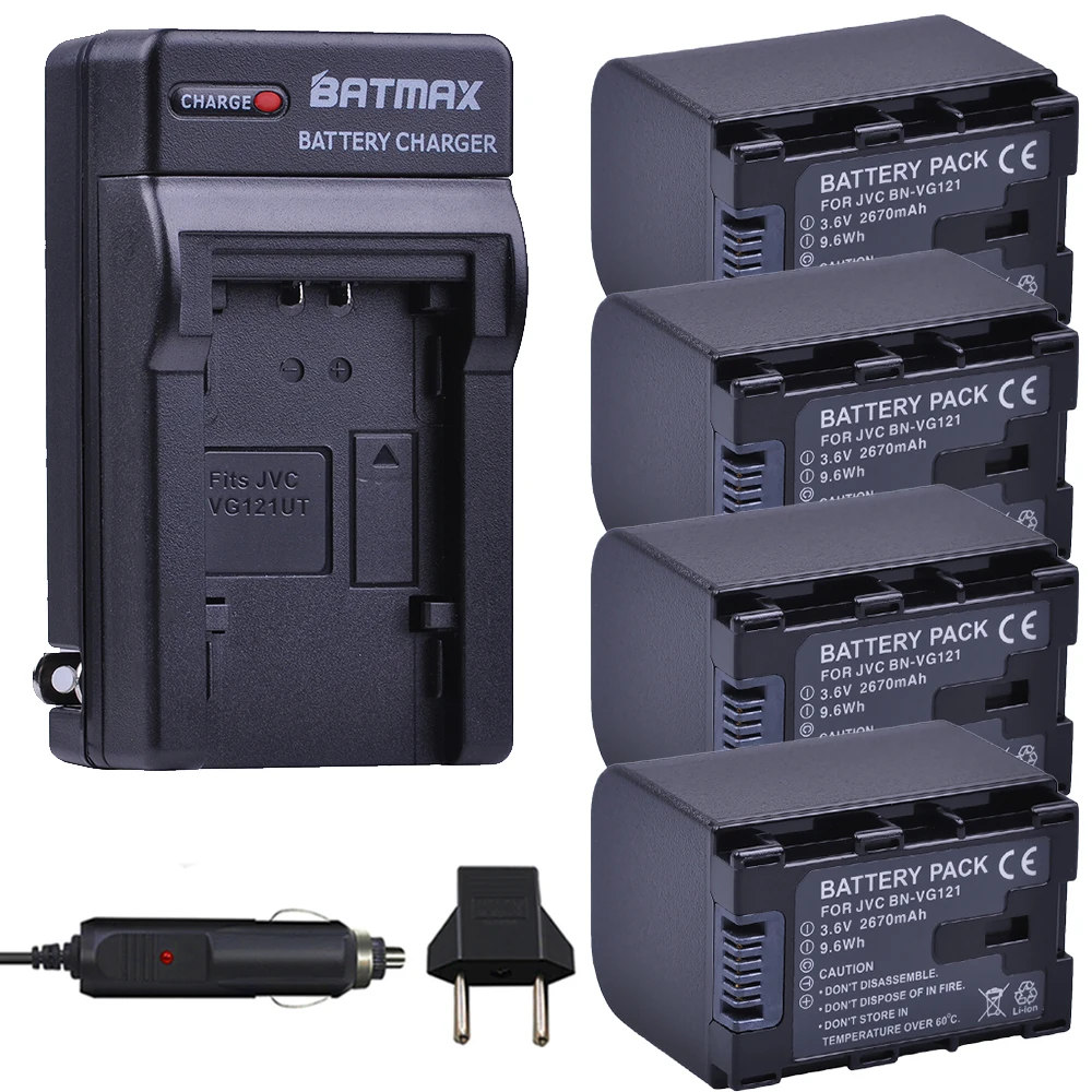 

4Pcs 2670mAh BN-VG121,VG121U,VG121US Batteries + Charger Kits for JVC Everio GZ-E Series BN-VG138 BN-VG107U BN-VG114 Camcorders