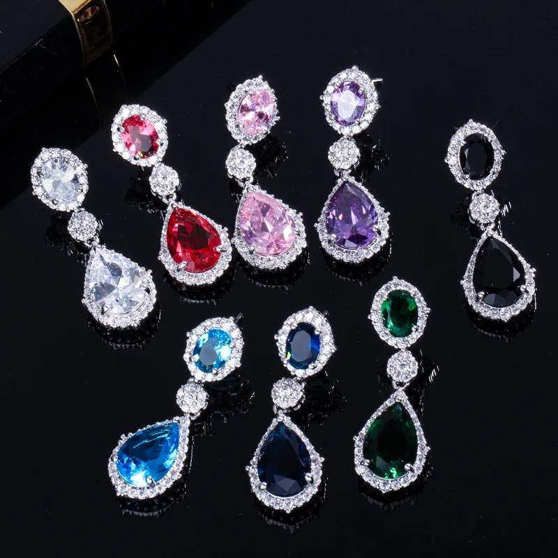 CWWZircons Brand 7 Color Options Brilliant White Gold Color Fashion Water Drop Purple CZ Crystal Earrings with Zirconia CZ370