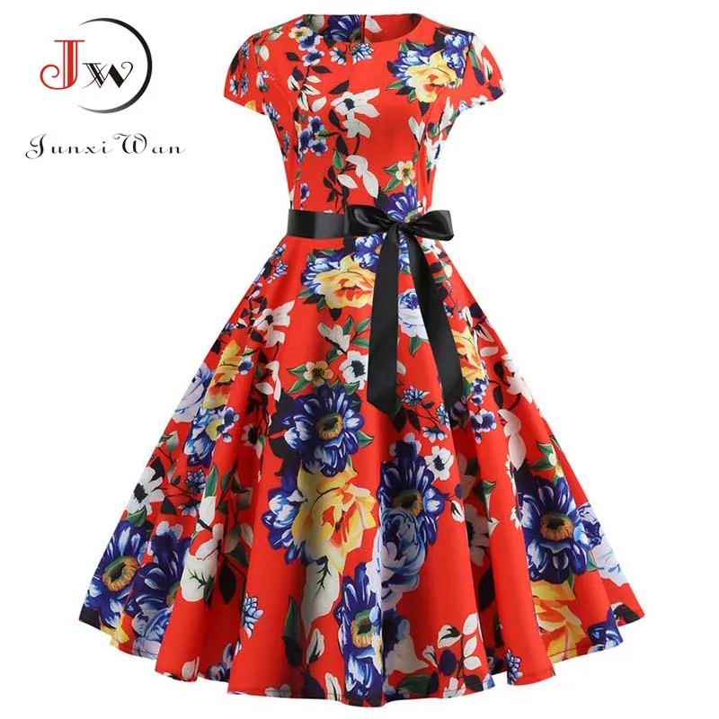 Women Vintage Dress Summer Floral Print Short Sleeve Dresses 50s 60s Office Party Rockabilly Swing Retro Pinup Plus Size