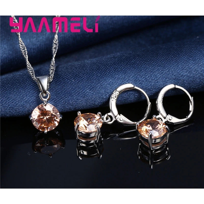 Neue Mode Frauen Hochzeit Schmuck Sets 925 Sterling Silber 4 Klaue cz Kristall Halskette baumeln Ohrringe für die Hochzeit