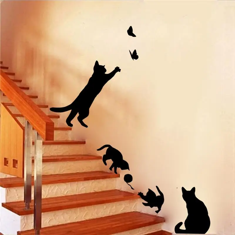 

New Arrived Cat play Wall Sticker Butterflies Stickers Decor Decals for Walls Vinyl Removable Decal/Wall Murals