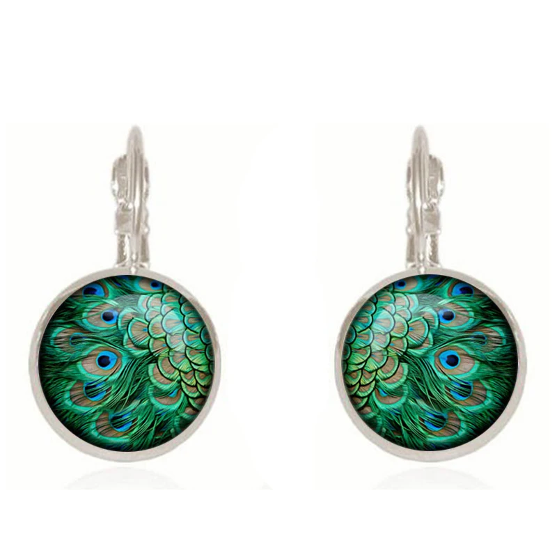 Vintage Green Peacock Feather Earrings For Women Bronze Plated Glass Dome Cabochon Earrings Jewelry