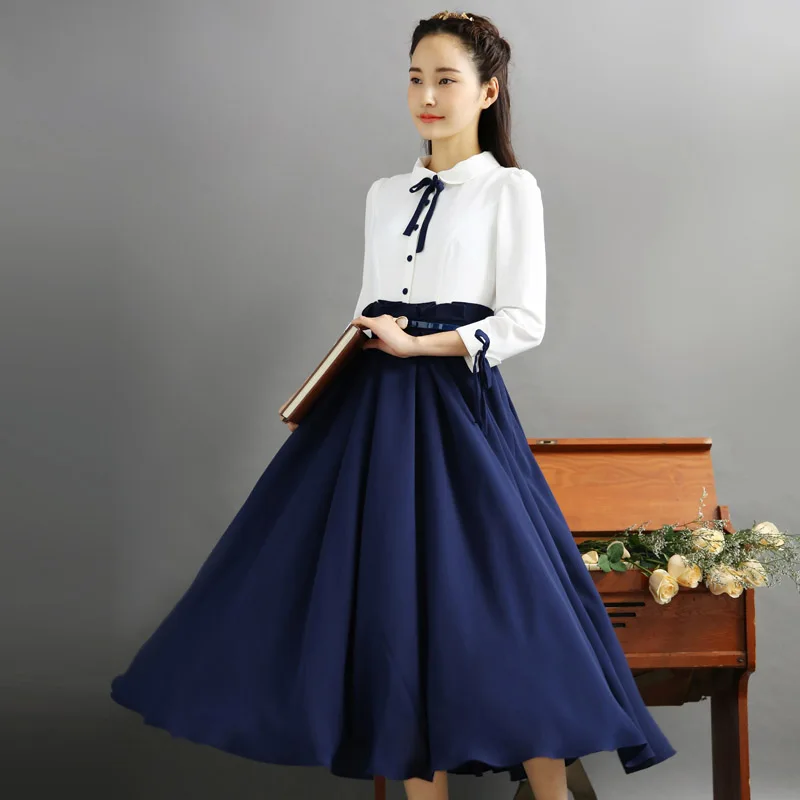 New Autumn England Style Vintage Women Long dress High School Students Class Performance Chorus Costumes Dresses 8031